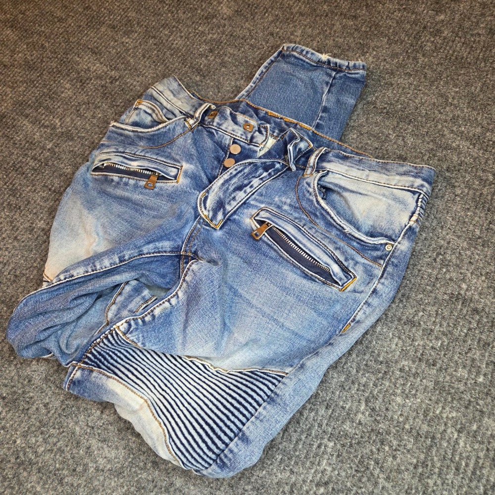 MNML Moto Biker Jeans Blue Denim Zipper Ankle Detail Distressed Wash Men's Size